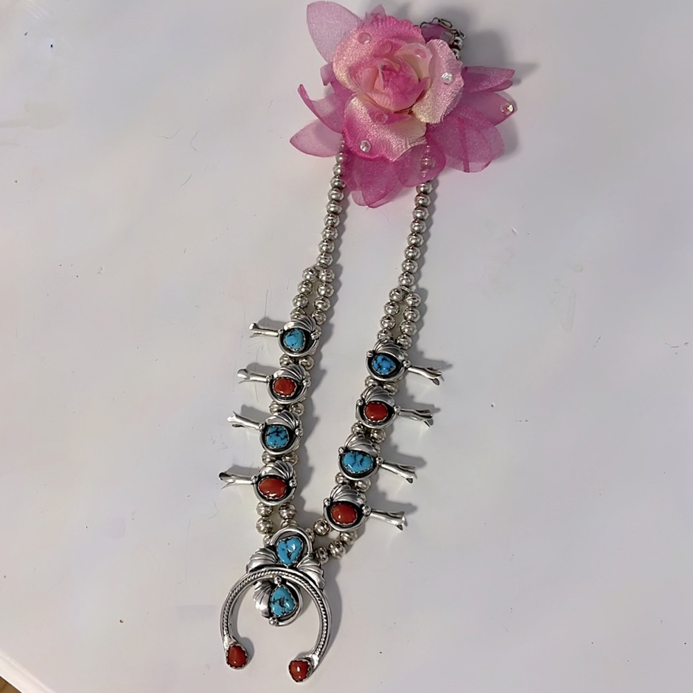 Vintage Navajo Kingsman Turquoise & Coral Squash Blossom Necklace Sterling